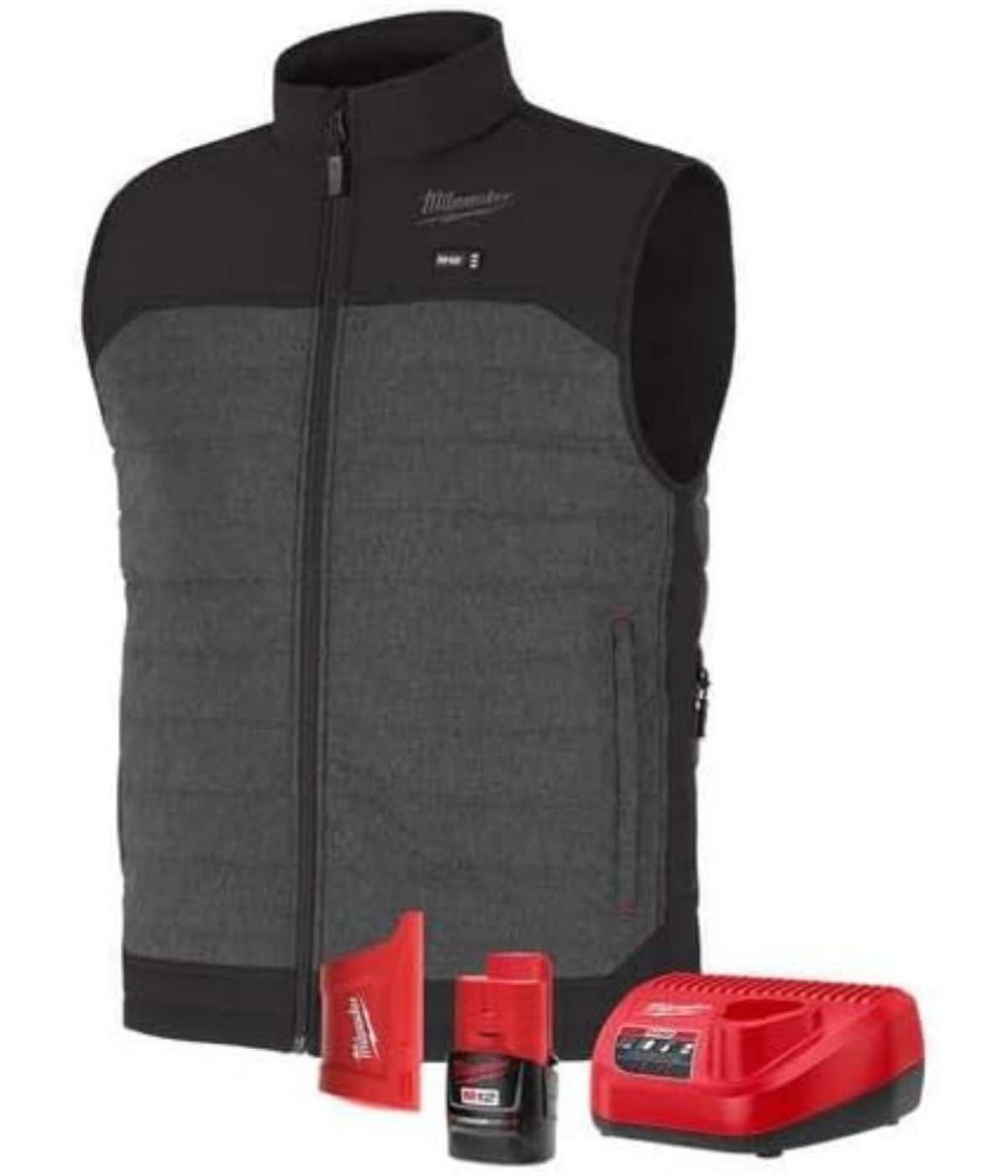 A heated vest with a charger and M12 battery by Milwaukee.