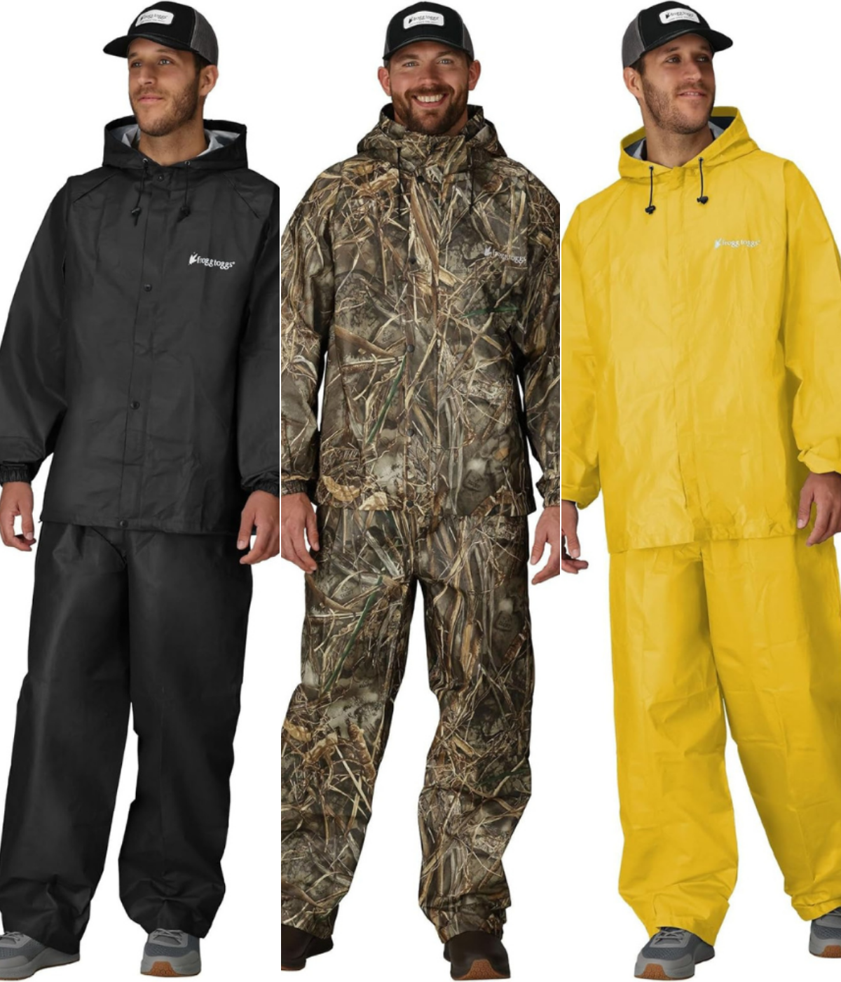 Three different weights of rain gear from Frogg Toggs