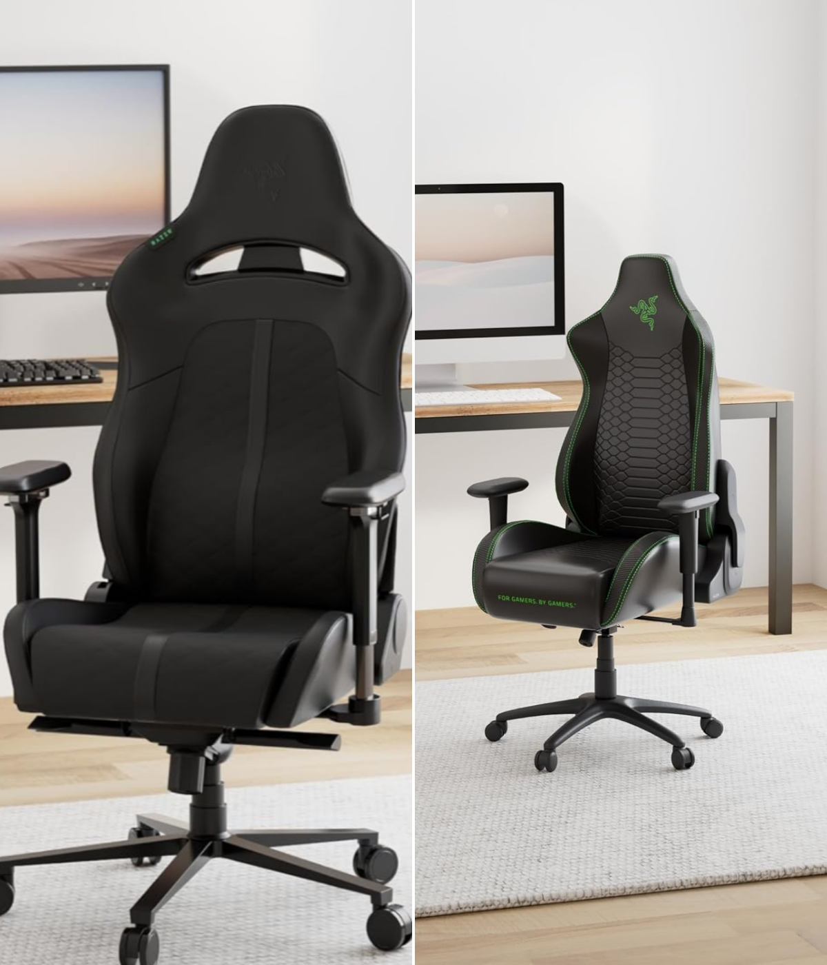 Two different gaming chairs on display at a desk