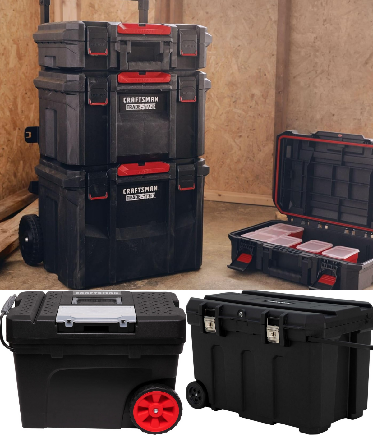 Stackable boxes, rolling boxes with and without large wheels for rough terrain