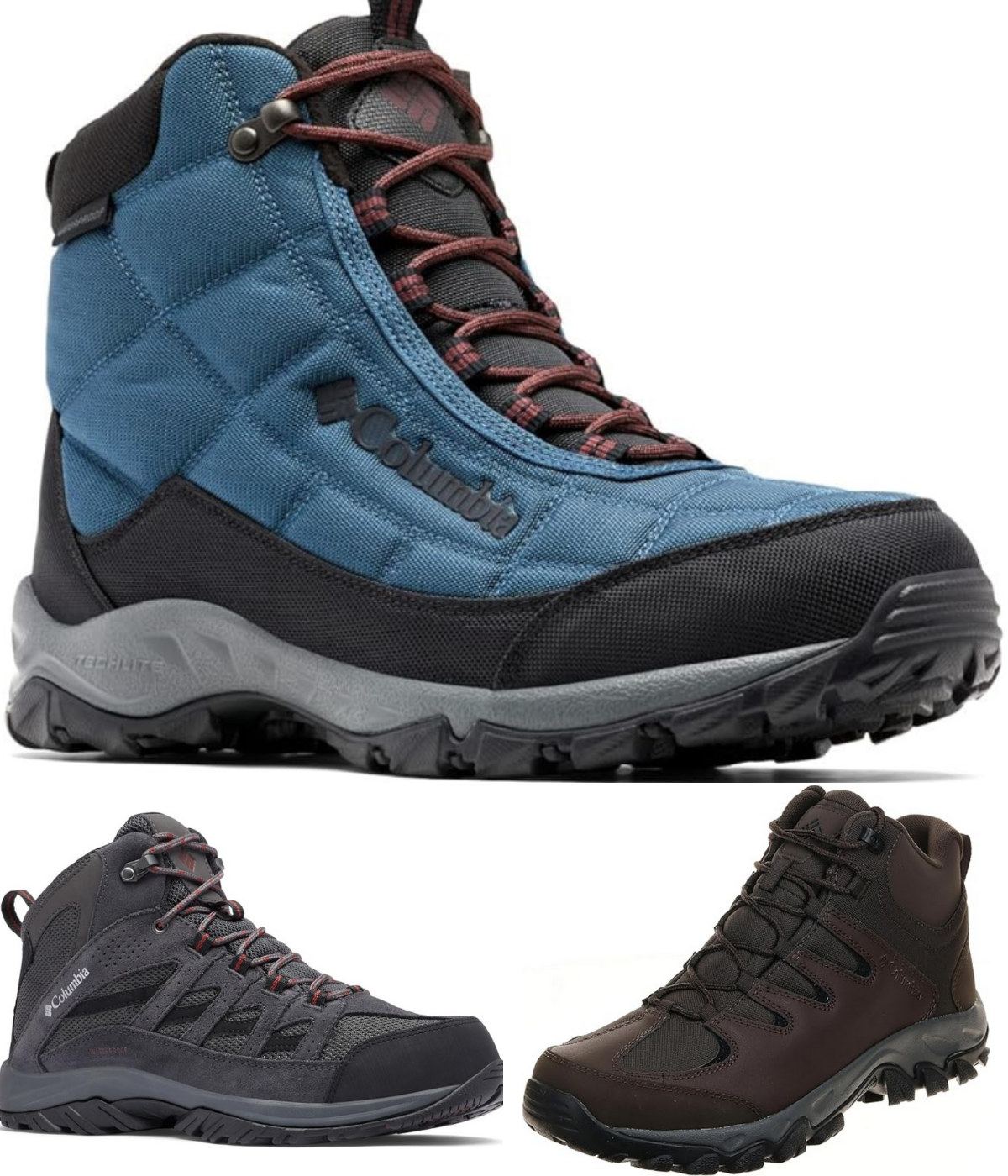Three different style hiking boots in different colors from Columbia.