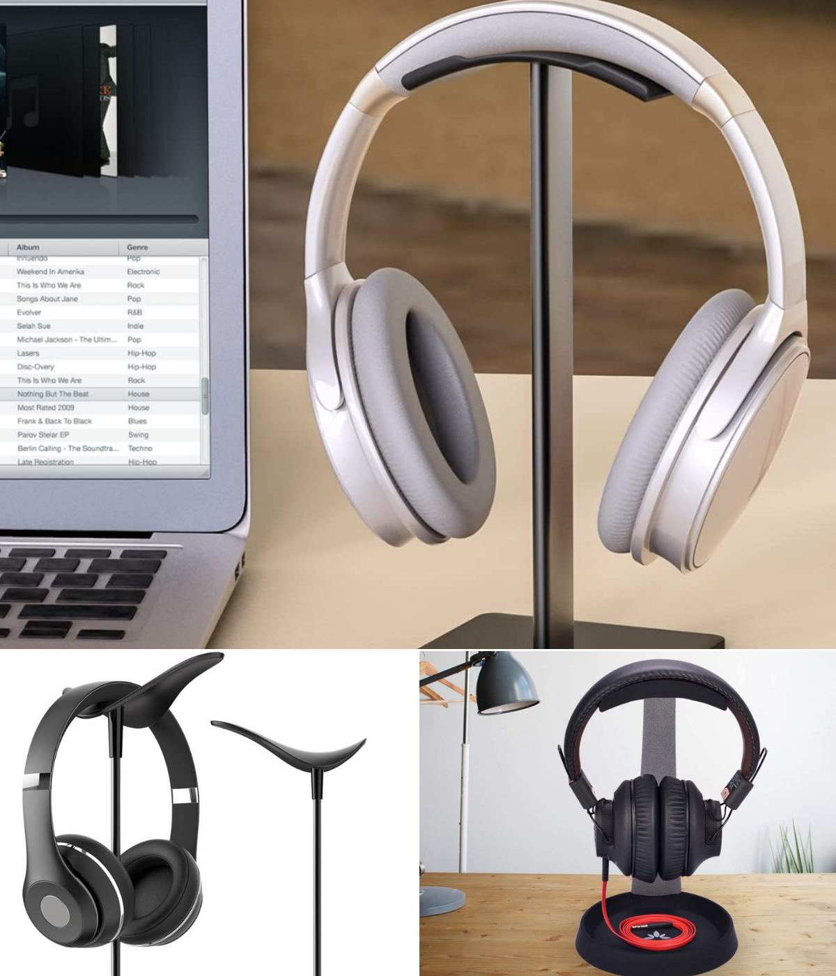 Three different stands for headphones shown displayed with headphones.