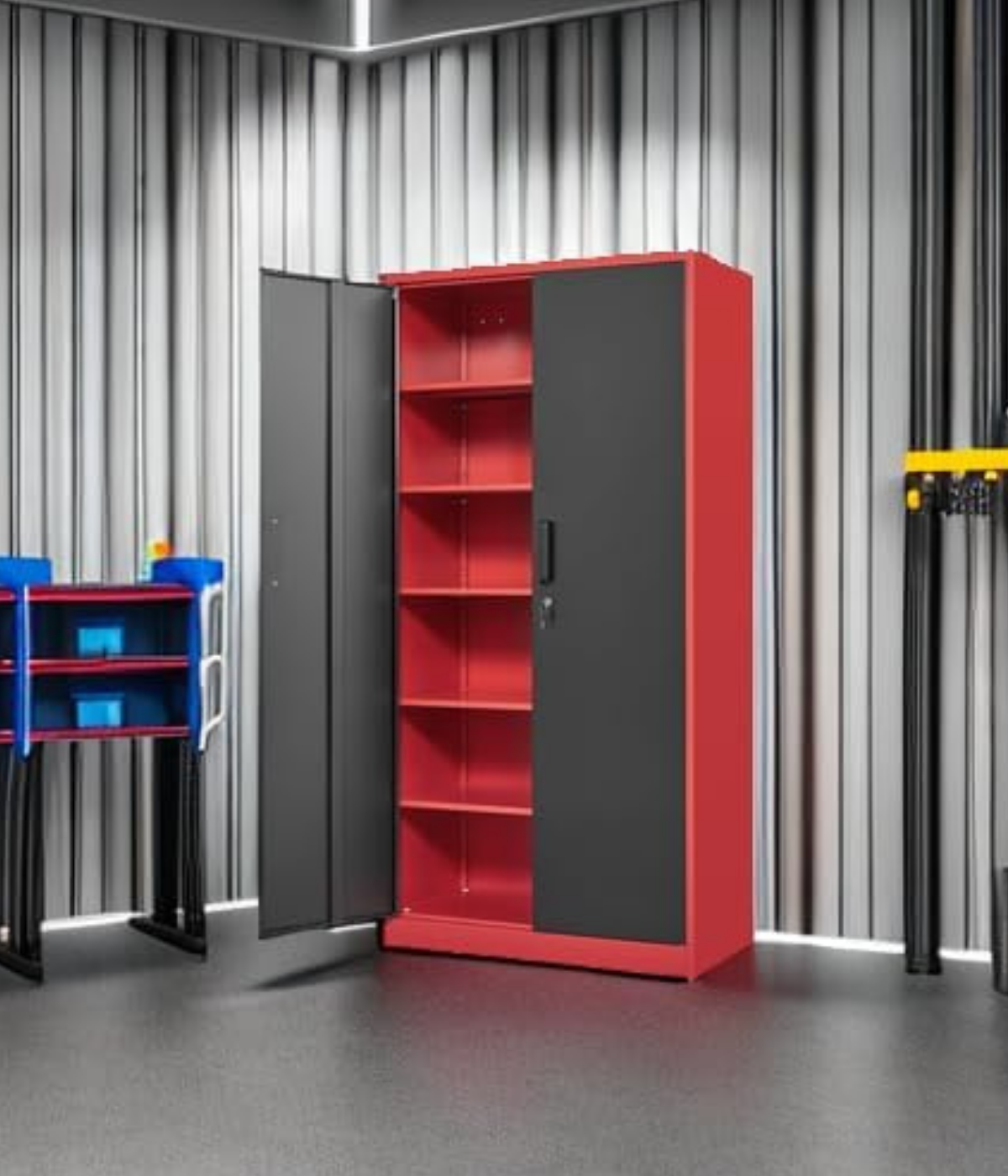 A red and black storage cabinet with 5 shelves and locking doors for ammo and/or accessories.