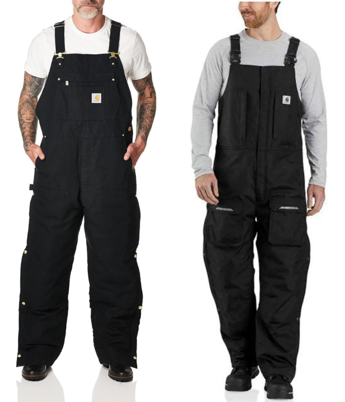 A man in loose fit Carhartt overalls in black, and a man in black insulated overalls
