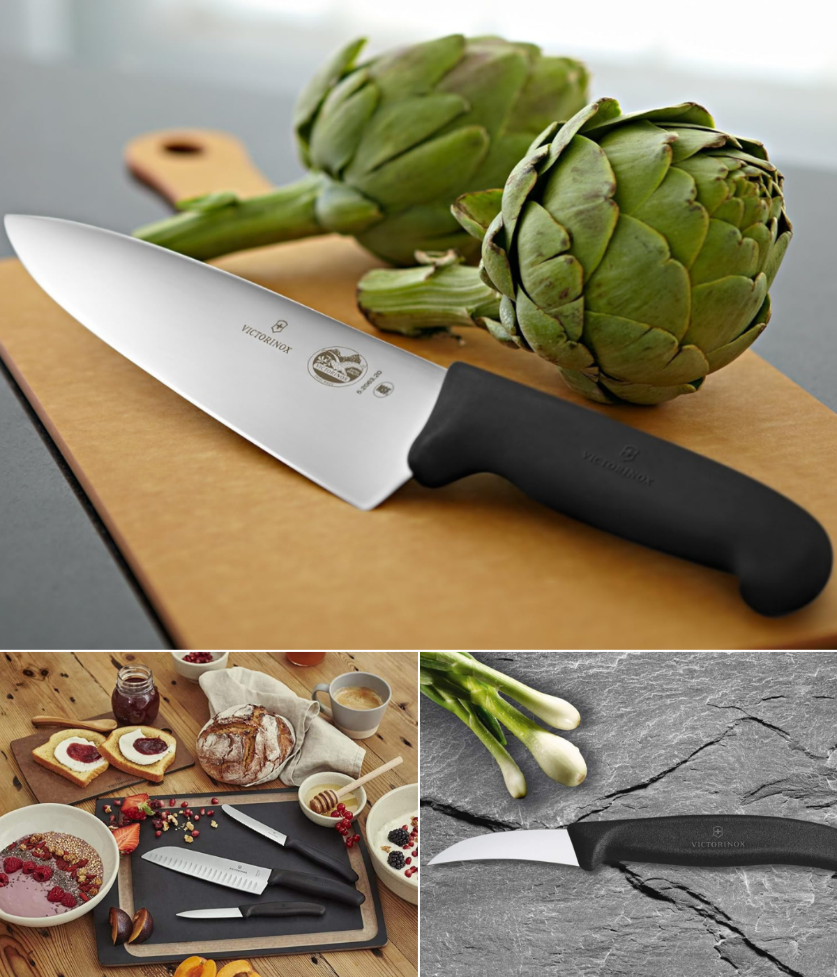 A display with three knives and food, a chef's knife on a cutting board, and a paring knife and onions.