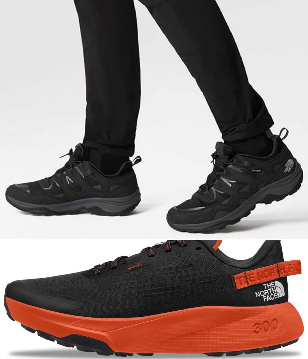 A man walking in hiking shoes, and a closeup of a THE NORTH FACE trail running shoe.