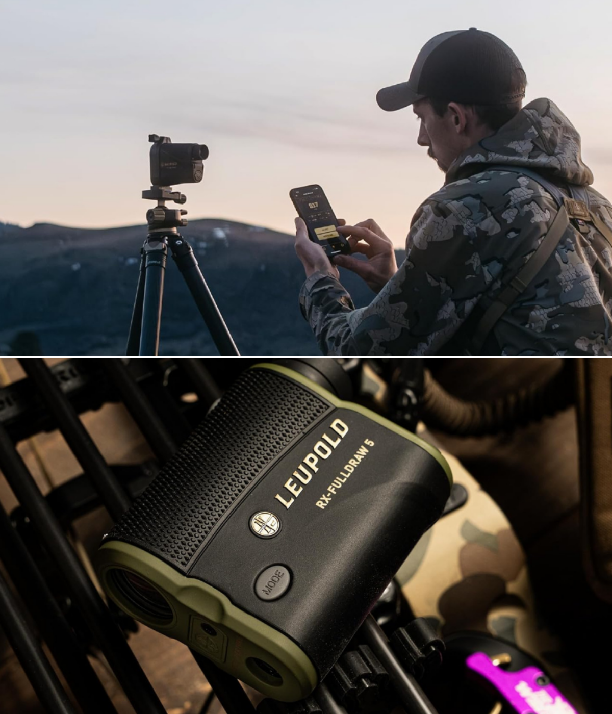 Rangefinder on tripod with a man using an APP on his phone.