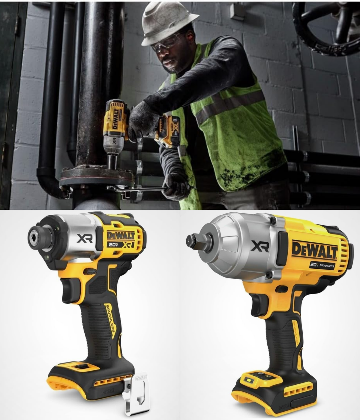 A small and a larger impact, and a man using a large DEWALT impact on a pipe fitting.