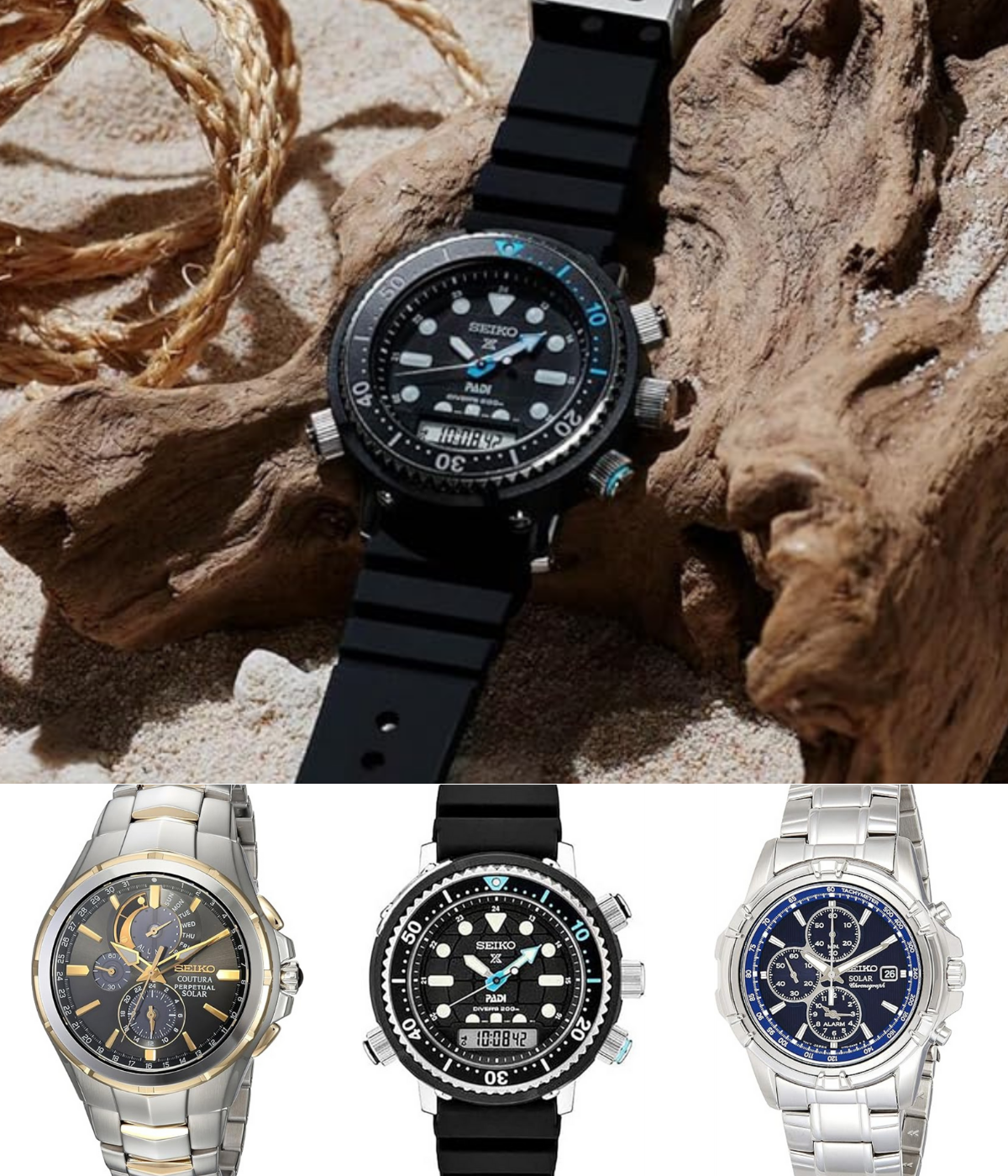 Four watches, 1 on a rock, and 3 on display