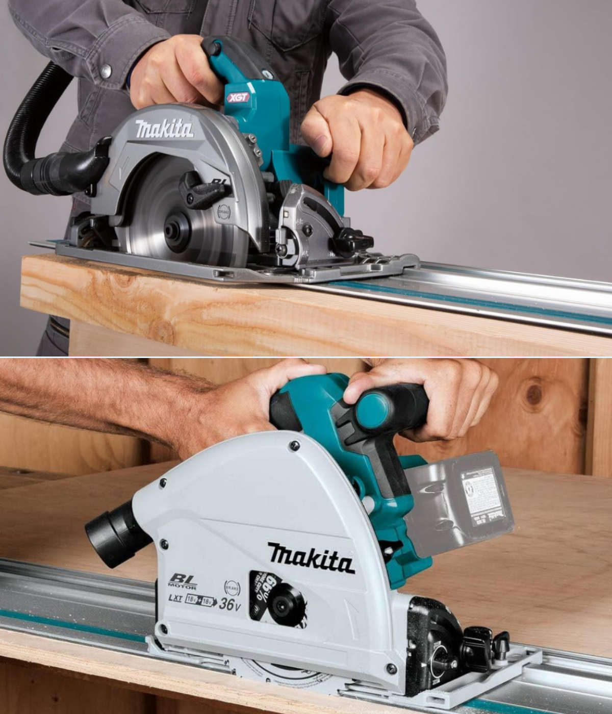 Two different track saws, one sitting on a fresh cut and the other is cutting with dustless attached.