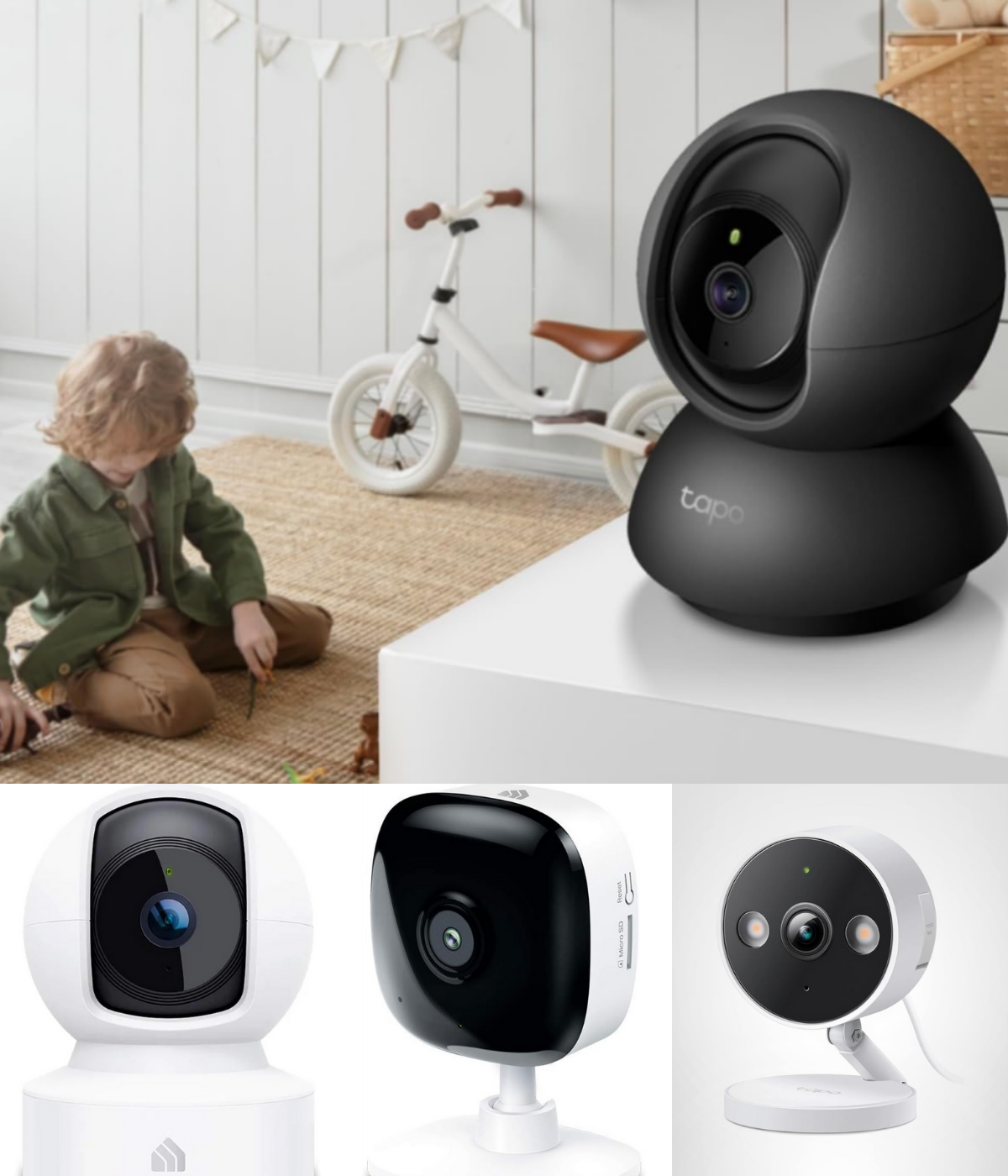 A camera viewing a baby, and three styles of mini wireless cameras