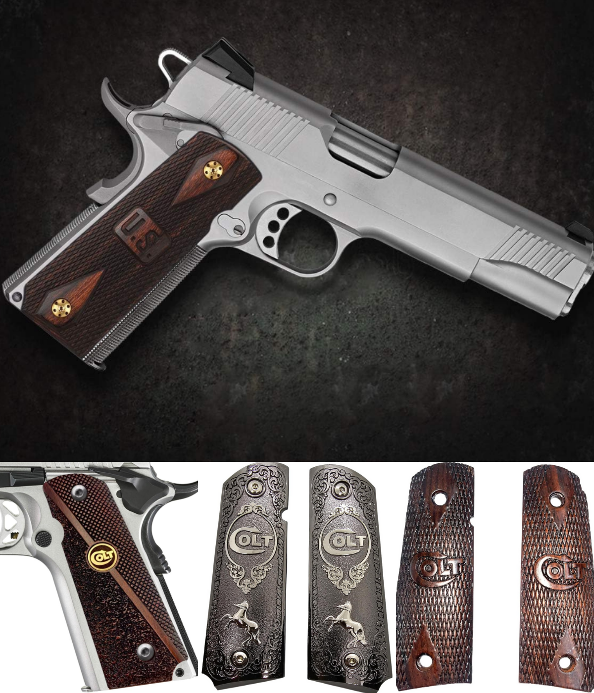 A 1911 with wood US grips, three other grips displayed in wood, wood/gold, and metal.