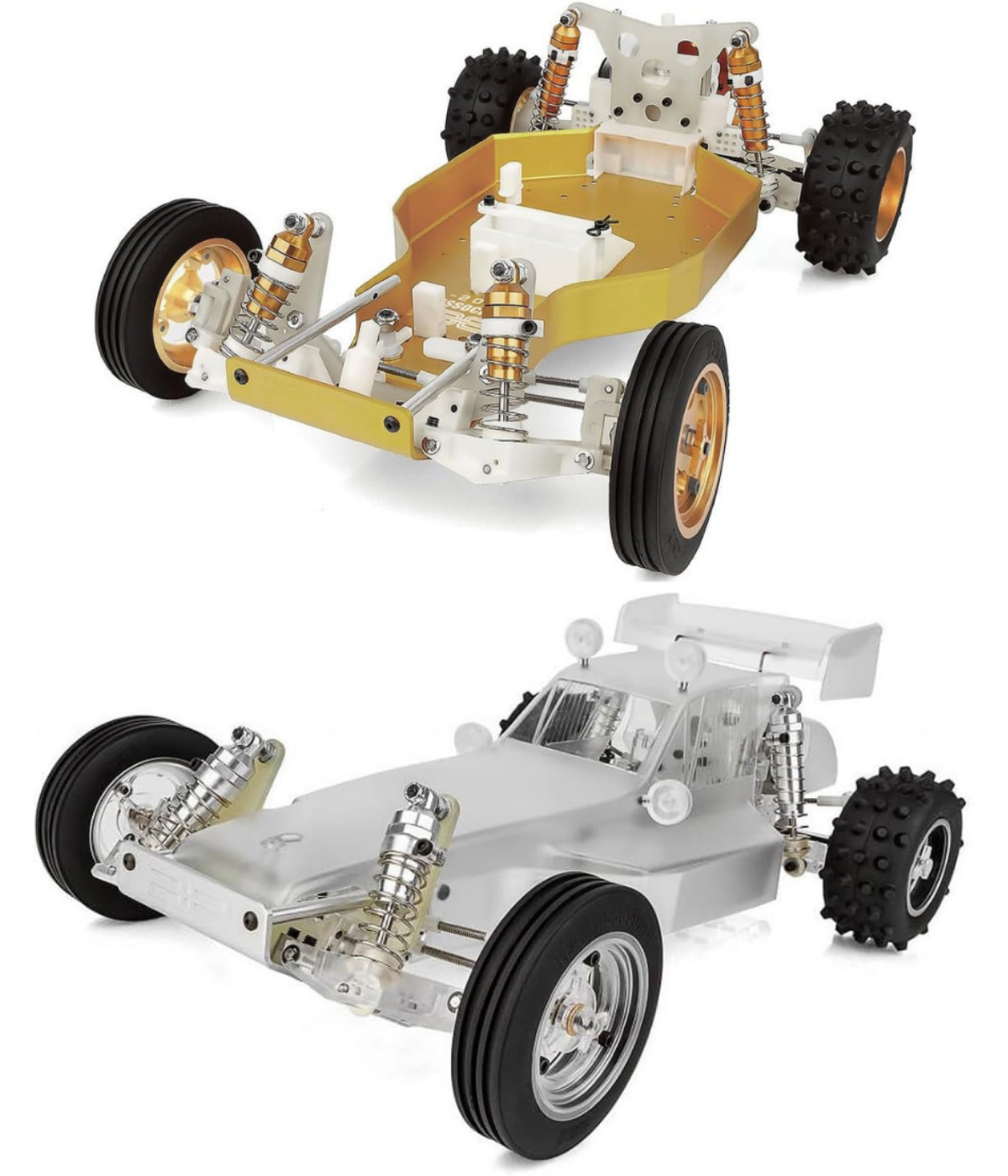 A gold tub RC10 and a clear tub RC10 version on display