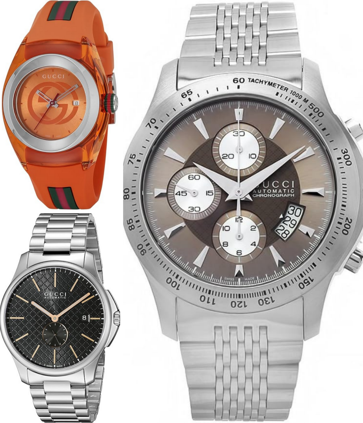 Three watches, an orange one, and two different stainless steel watches.