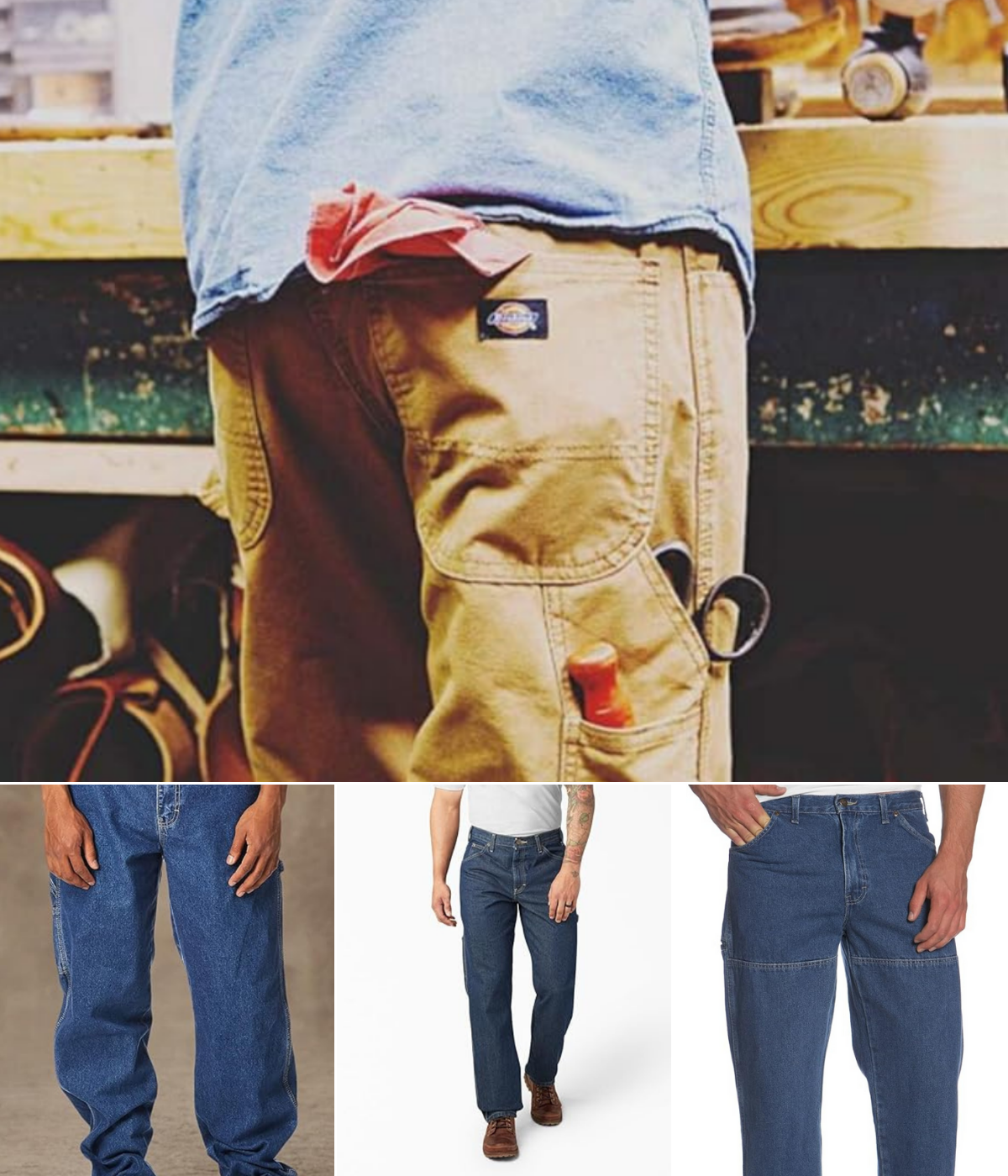 Four different men's jeans made by Dickies, each in a different style or color.