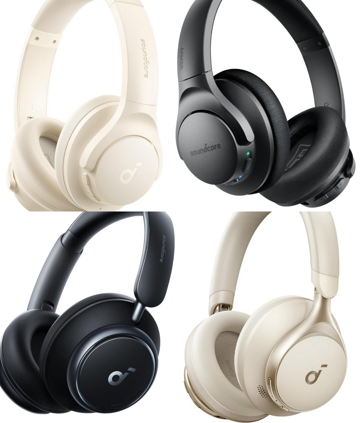 Four models of headphones made by Soundcore, two black and two white pairs.