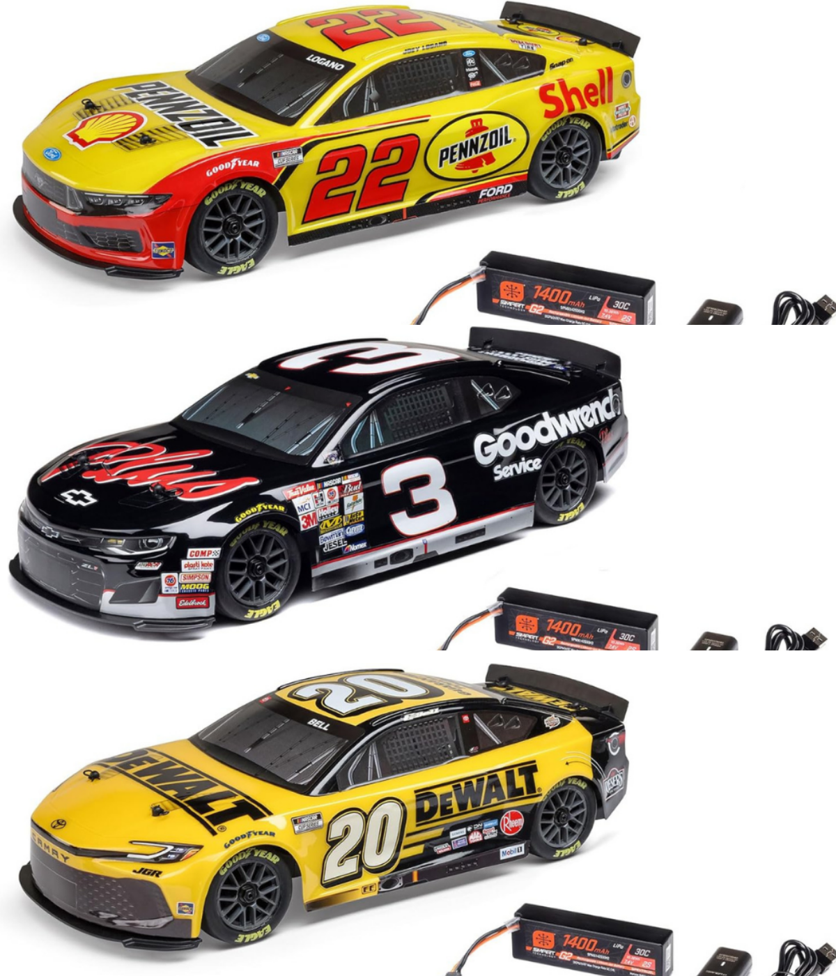 Three Losi NASCAR 1/12 scale race cars, 22 Joey Logano, 3 Dale Earnhardt Sr., and 20 Christopher Bell.