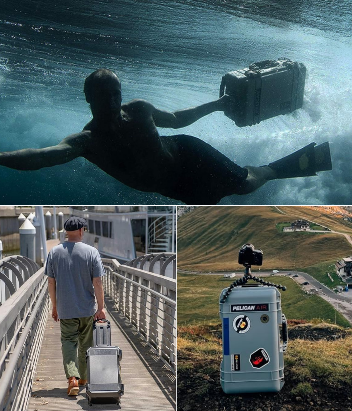 A swimmer with a Pelican case under water, one recording with a camera, and a man pulling on a a ramp.