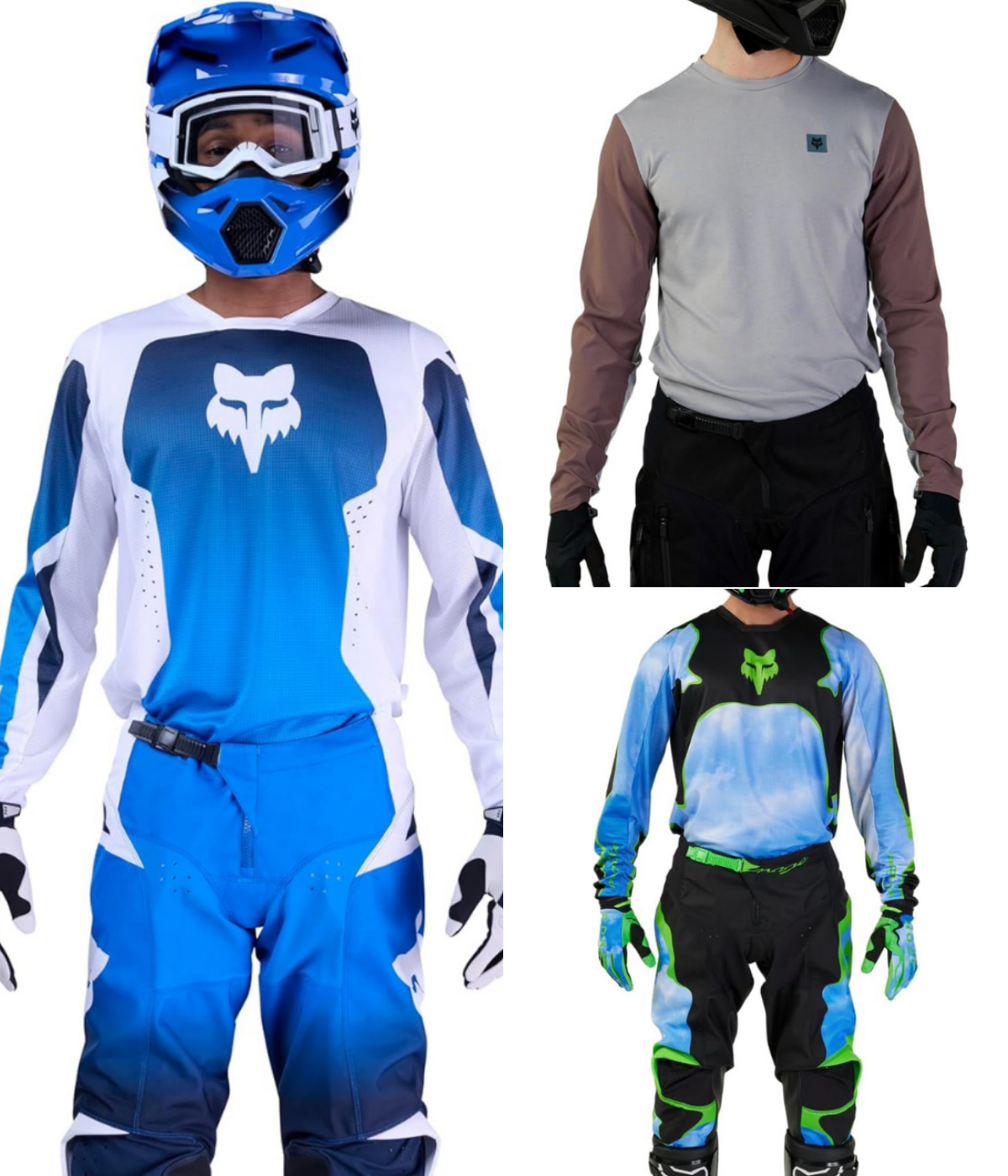 Three men wearing different jerseys from Fox Racing.