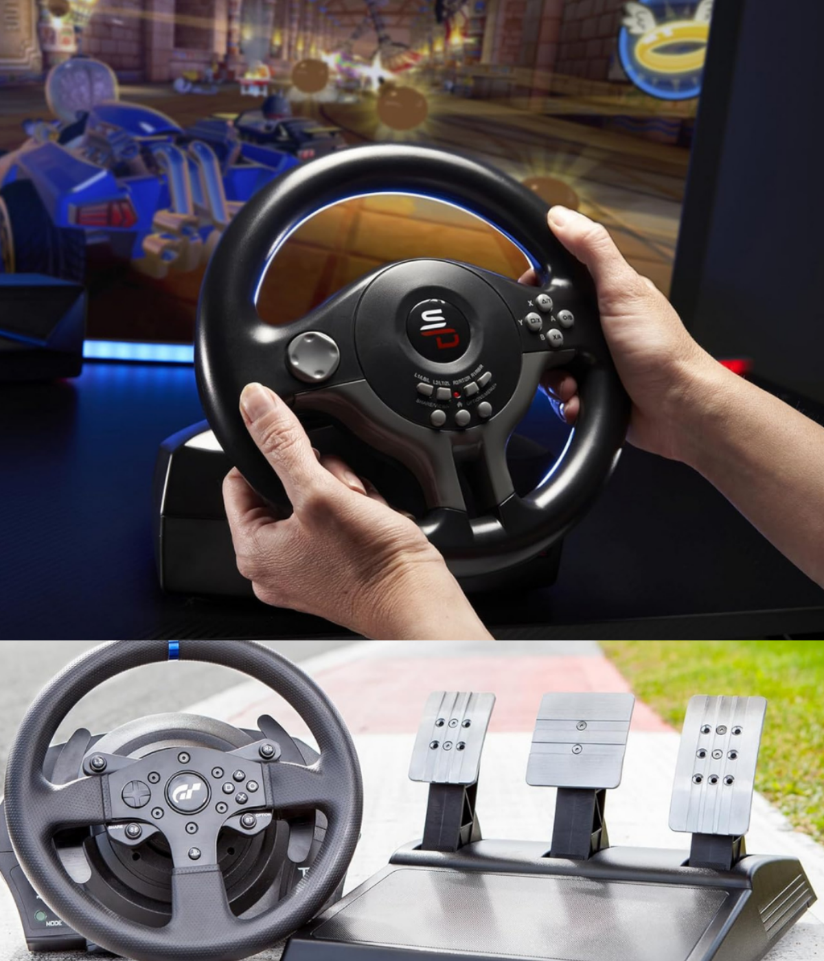 A steering wheel being held for display and a gaming center control with throttle, brake, and clutch pedals.