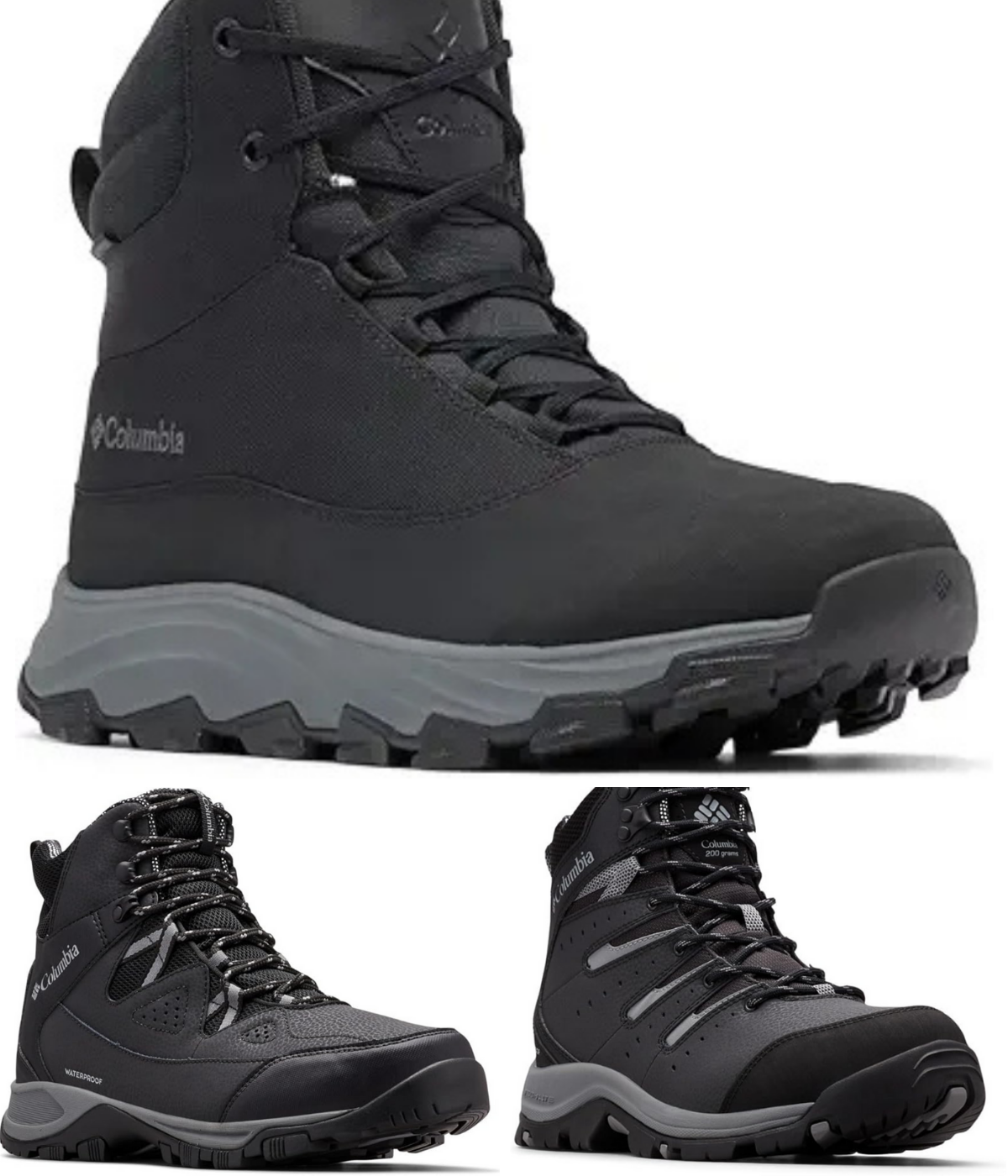 Three snow boots from Columbia, all waterproof, high traction, and black and gray colored boots.