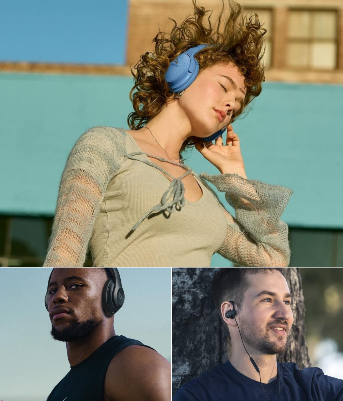 A woman dancing, Saquon Barkley, and a man leaned up against a tree with headphones on.