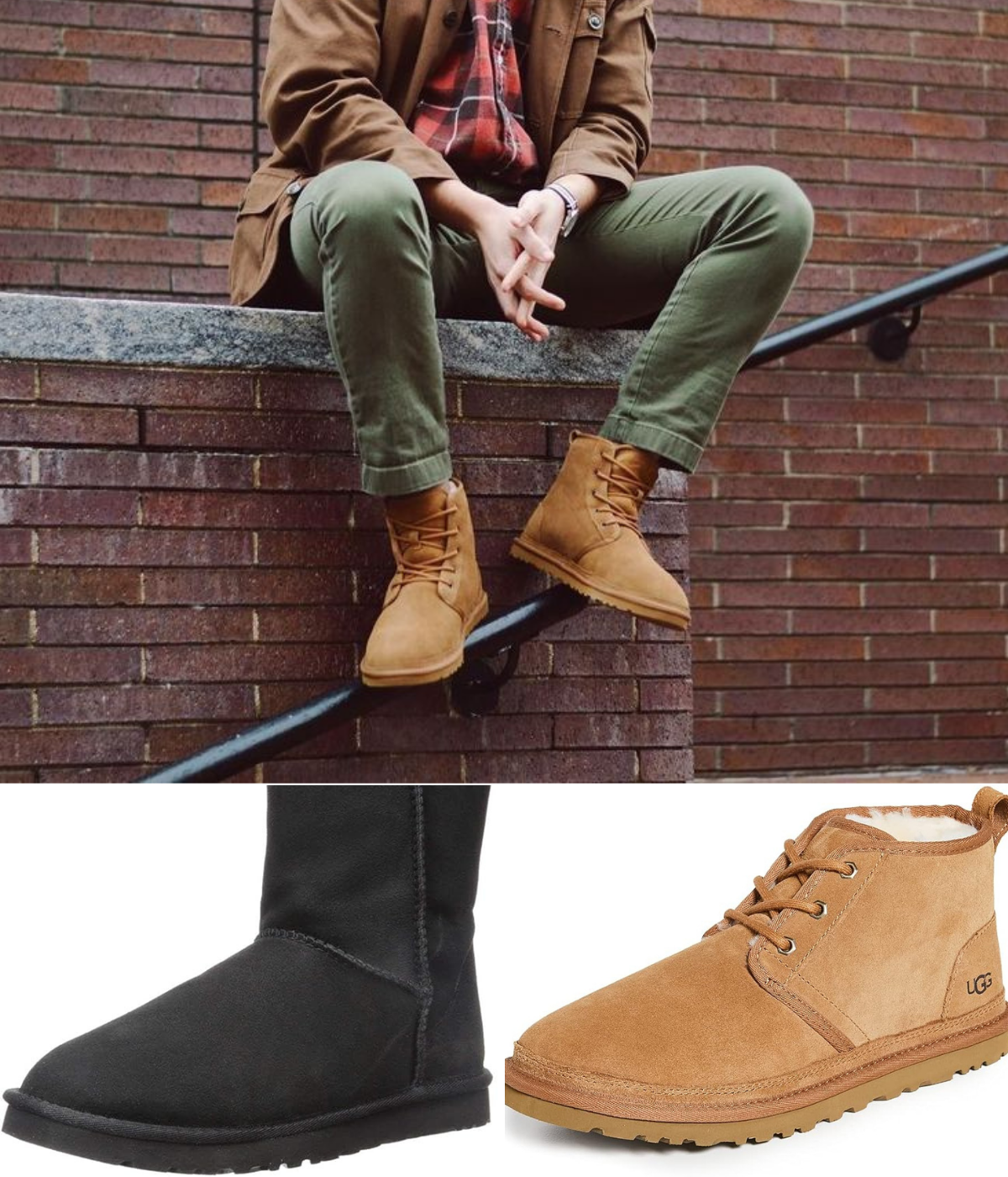 A black suede UGG Classic Short II boots with wool lining, and tan 