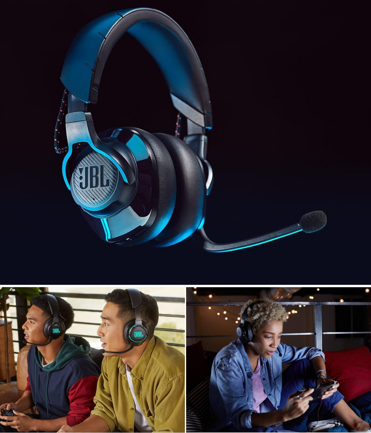 JBL Quantum headsets with boom microphone shown on a woman, two men, and a display