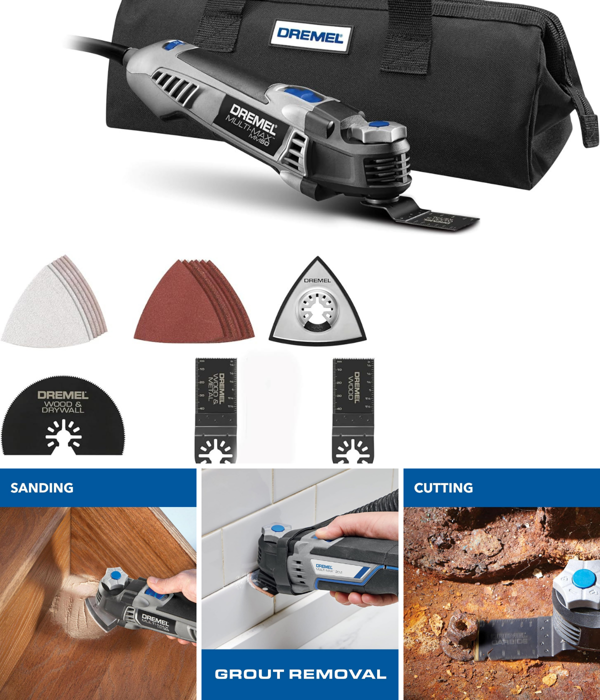 Oscillating multi tool sanding corner wood surface, one cutting a bolt, and another removing grout