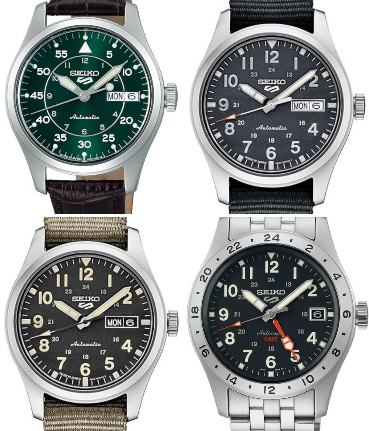 Seiko field watch with military style dial and durable stainless steel case