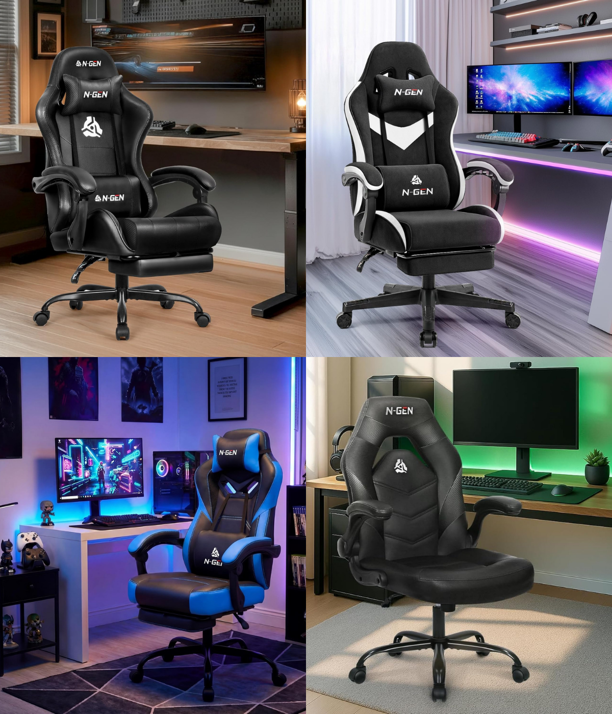 N-GEN gaming chair used in home gaming room, home, and office for comfort and strength.