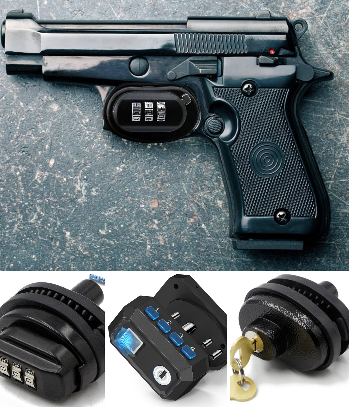 trigger lock for handgun installed on pistol, keyed handgun trigger lock safety device, and a Biometric lock