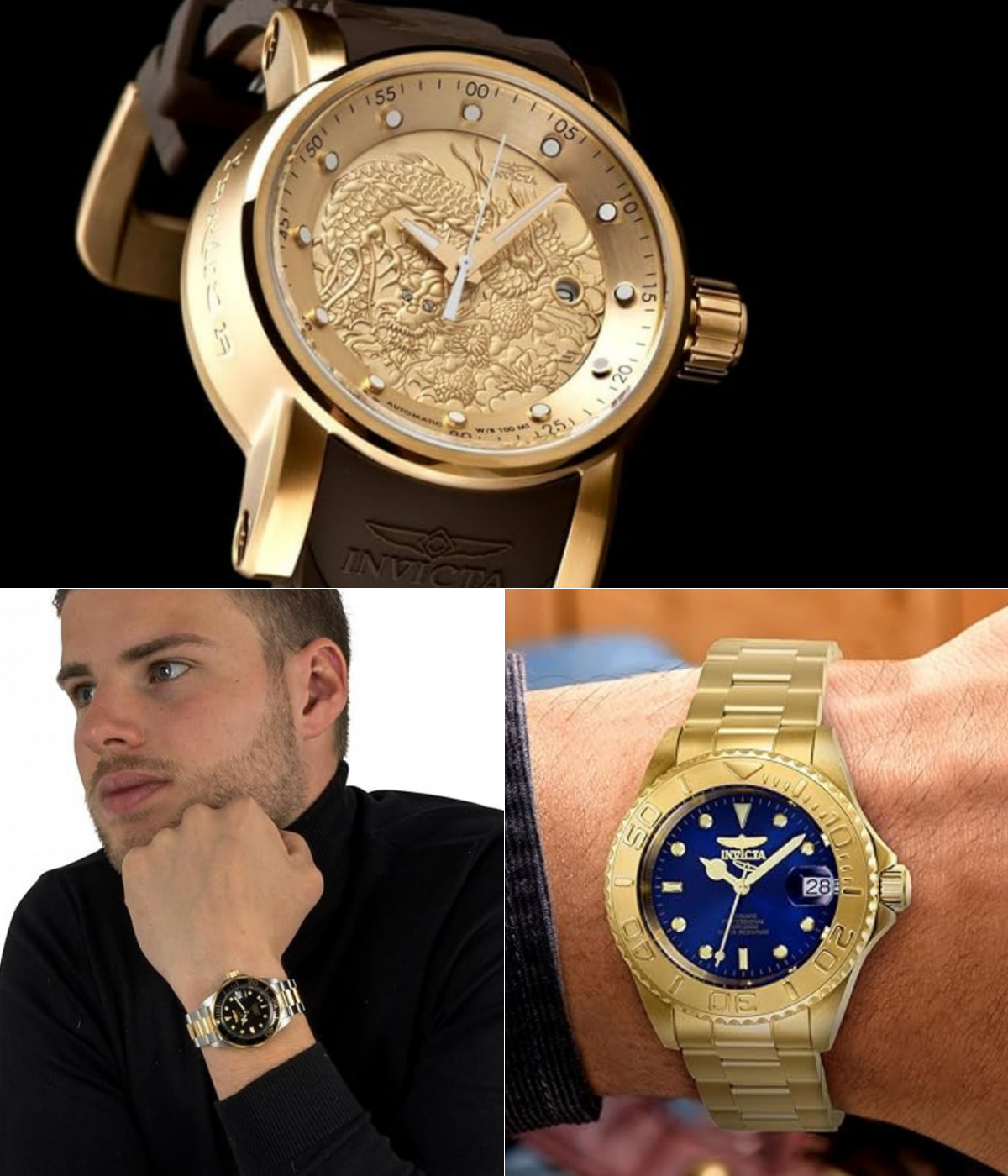 Two Invicta auto watch everyday wear wrist shots, and a gold Rally watch