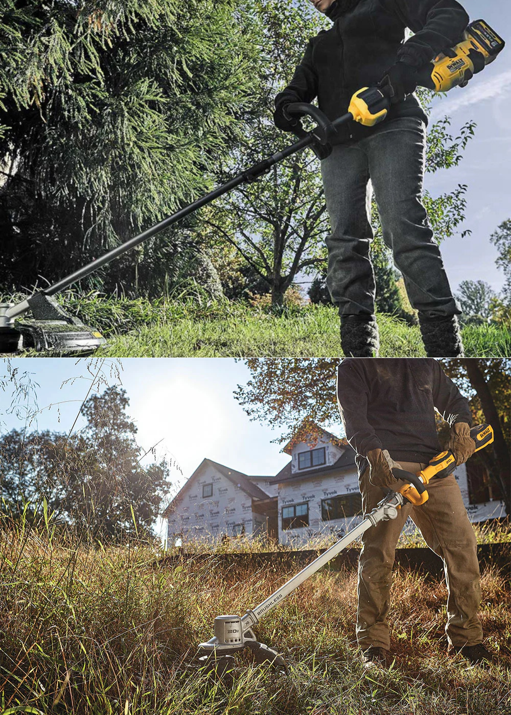 A man using a 20V foldable weed eater and a man using a 60V weed eater