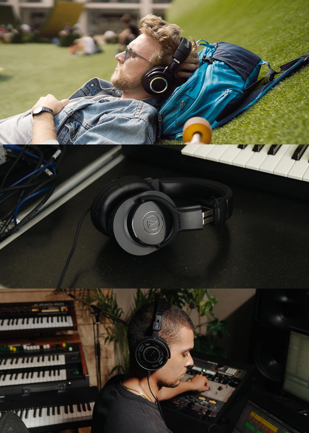 Top Audio-Technica models shown in use in two pictures, and one on display.