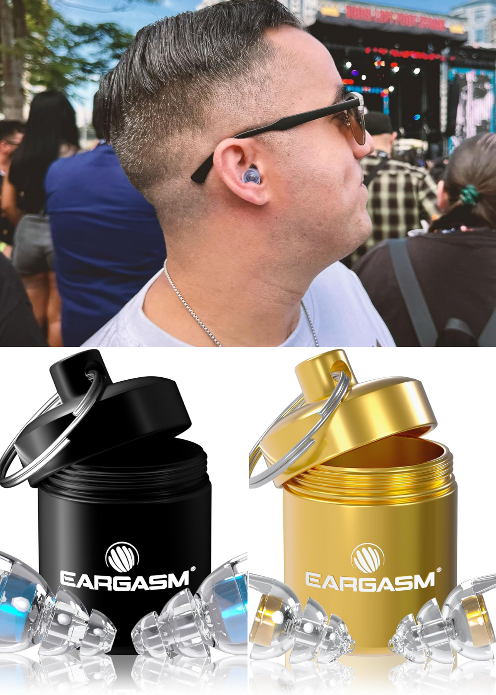 Close-up of Eargasm earplugs showing triple flange silicone design and acoustic attenuation filter