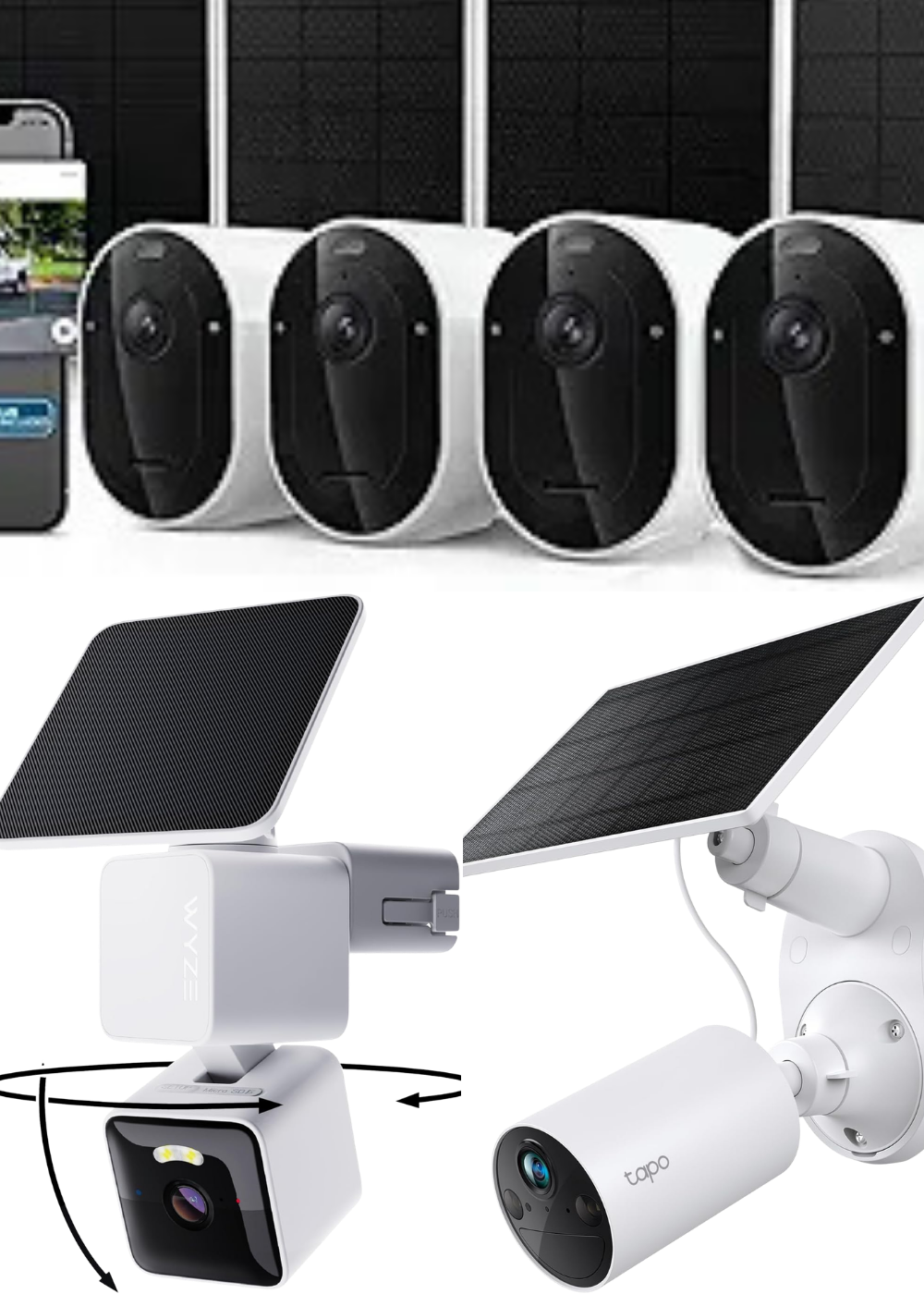 Three different security cameras  all with their own solar charger