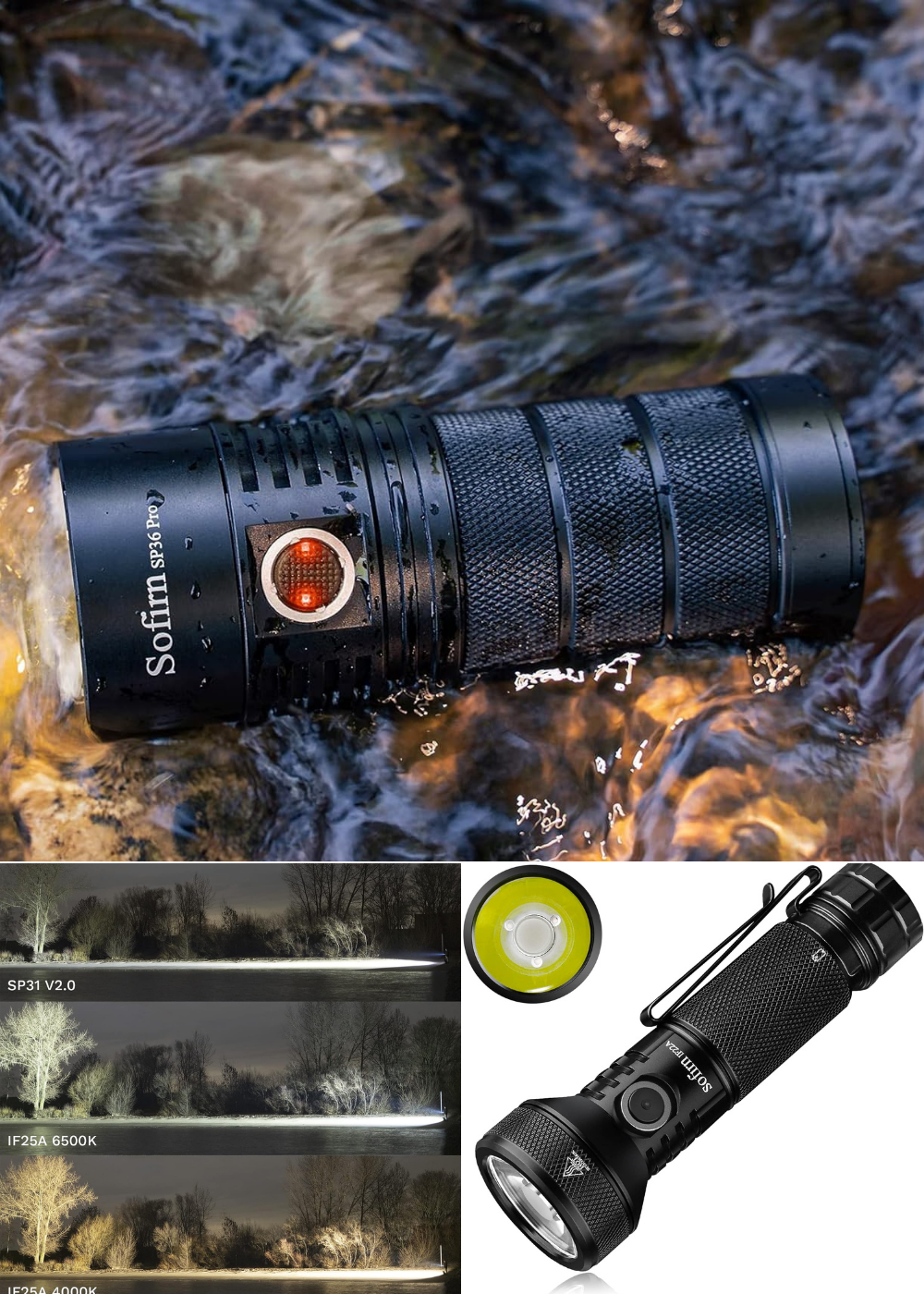 Sofirn IF22A long throw flashlight beam distance demonstration, color spectrum, and SP36 in water